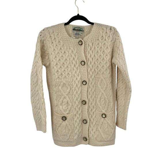 Aran Crafts Wool Cable Knit Button Cardigan Fisherman Old Money Ivory NEW XS - Picture 1 of 13